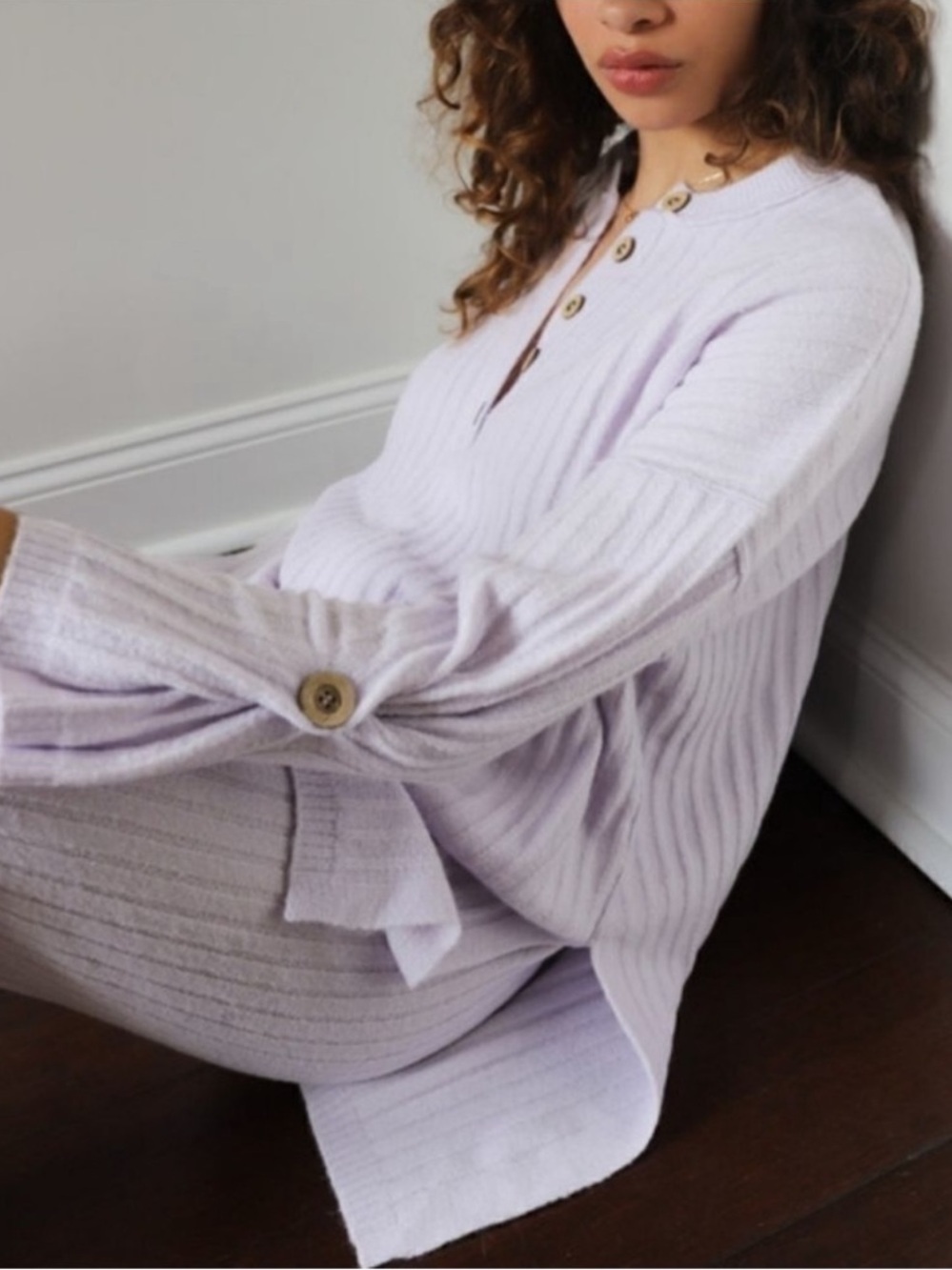 Free People Around The Clock Oversized Ribbed Henley Sweater Lavender